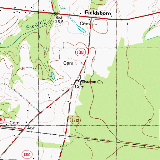 Topographic Map of Meadow Church, NC