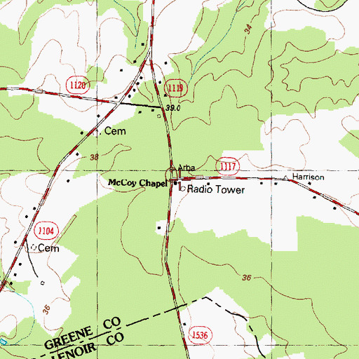 Topographic Map of McCoy Chapel, NC