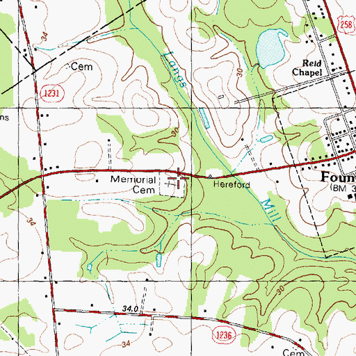 Topographic Map of Memorial Cemetery, NC