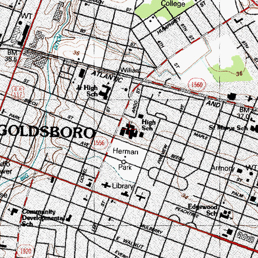 Topographic Map of Goldsboro High School, NC