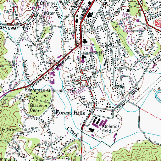 Topographic Map of Evergreen Gillespie Cemetery, NC