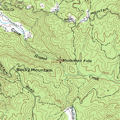 Topographic Map of Maidenhair Falls, NC