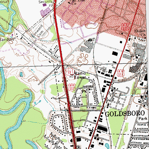 Topographic Map of WOKN-FM (Goldsboro), NC