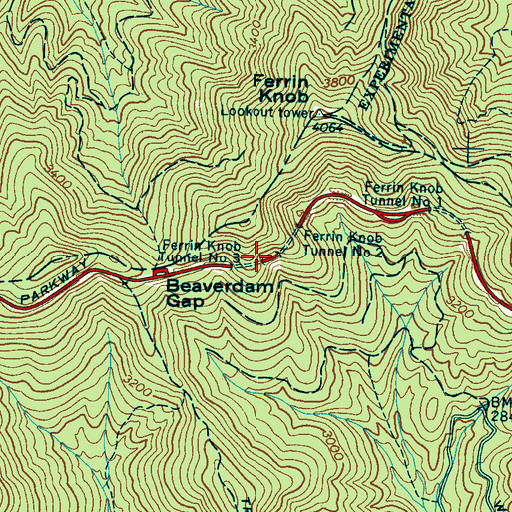 Topographic Map of Ferrin Knob Tunnel Number 3, NC