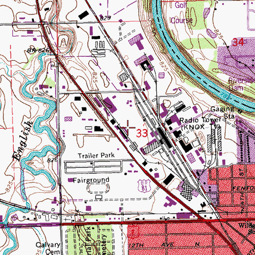 Topographic Map of Grand Forks Riverside Dam, ND