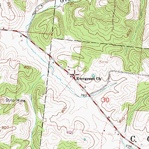Topographic Map of Evergreen Church, OH