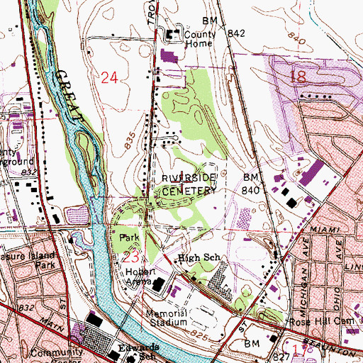 Topographic Map of Riverside Cemetery, OH