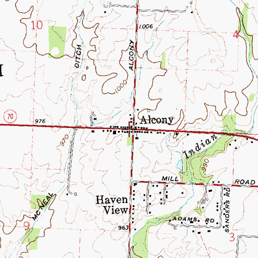 Topographic Map of Alcony, OH