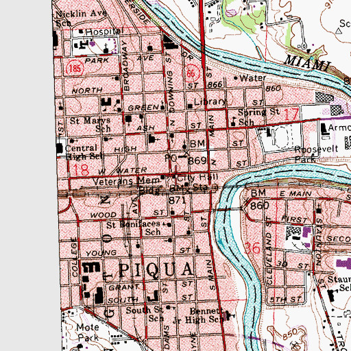 Topographic Map of Piqua City Hall, OH
