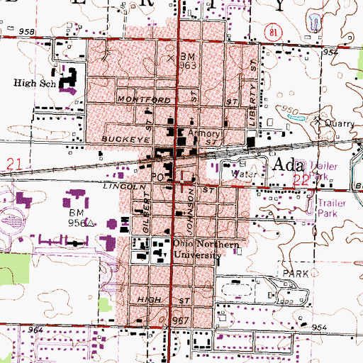 Topographic Map of Ada, OH