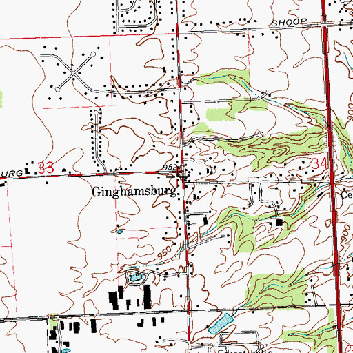 Topographic Map of Ginghamsburg, OH