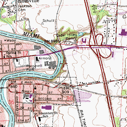 Topographic Map of Cedar Bluff, OH
