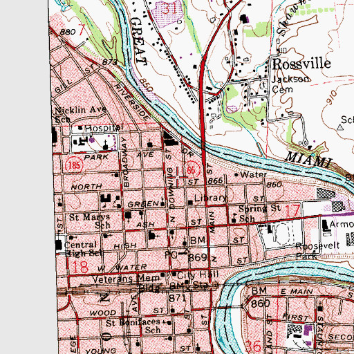 Topographic Map of Piqua-Caldwell Historic District, OH