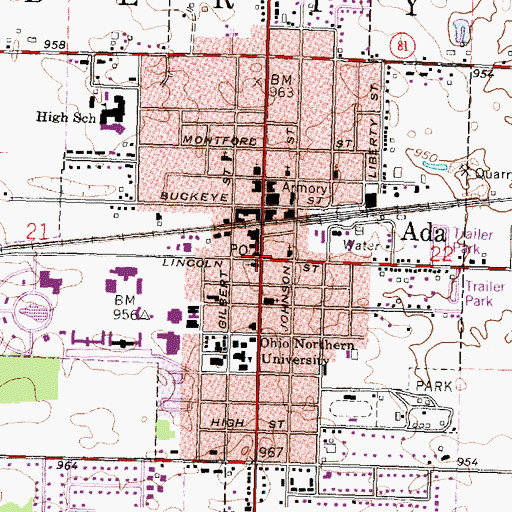 Topographic Map of Ada Post Office, OH