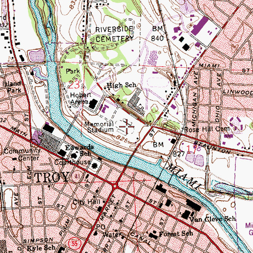 Topographic Map of Troy Memorial Stadium, OH