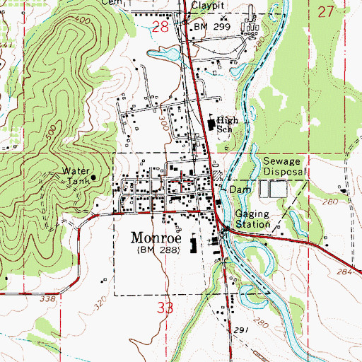 Topographic Map of Monroe Post Office, OR