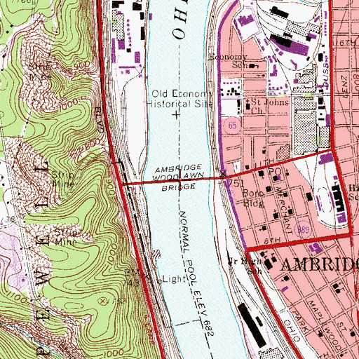 Topographic Map of Ambridge Woodlawn Bridge, PA