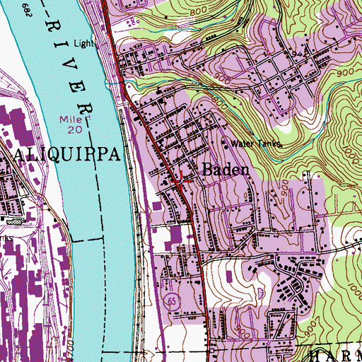 Topographic Map of Baden, PA