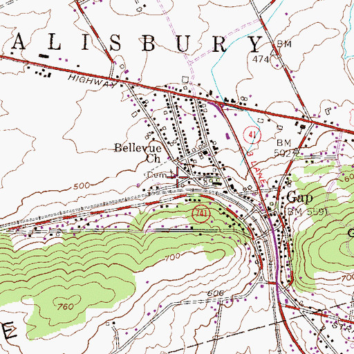 Topographic Map of Bellevue Church, PA