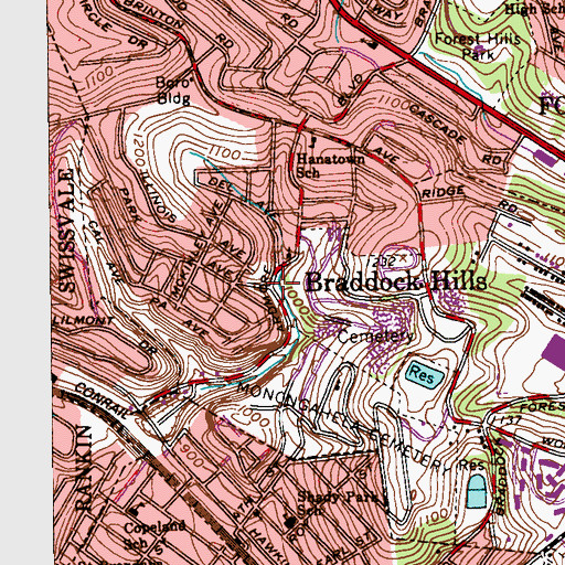 Topographic Map of Braddock Hills, PA