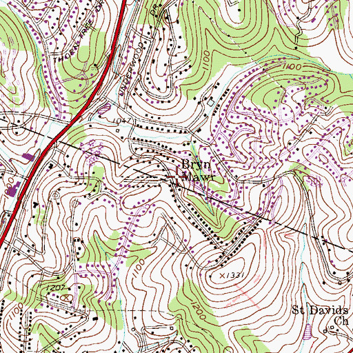 Topographic Map of Bryn Mawr, PA