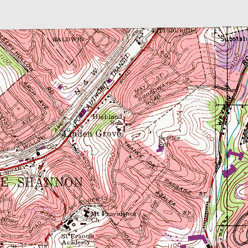 Topographic Map of Highland School, PA