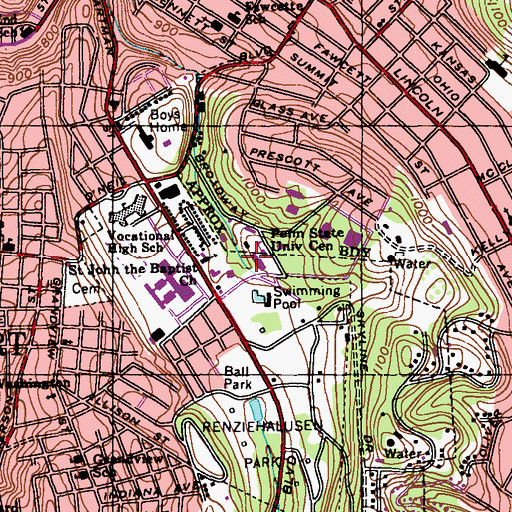 Topographic Map of Pennsylvania State University Center, PA