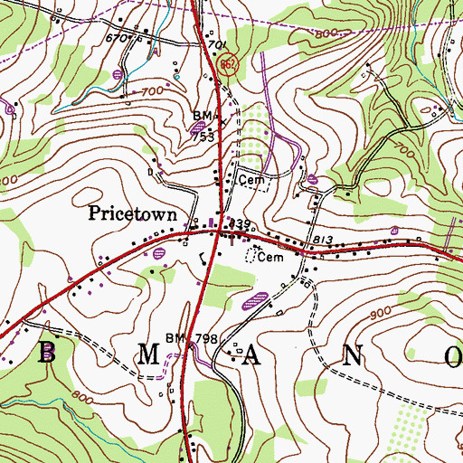 Topographic Map of Pricetown, PA