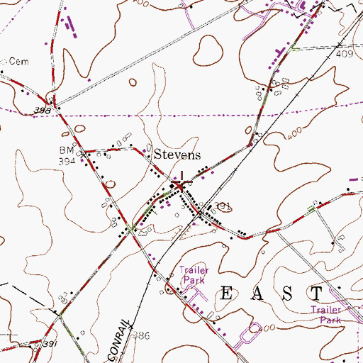 Topographic Map of Stevens, PA