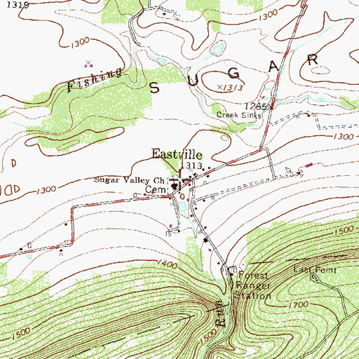Topographic Map of Sugar Valley Church, PA