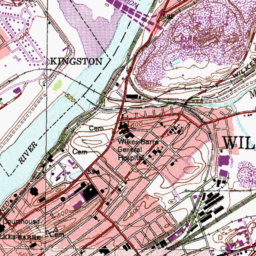 Topographic Map of Wilkes - Barre General Hospital, PA