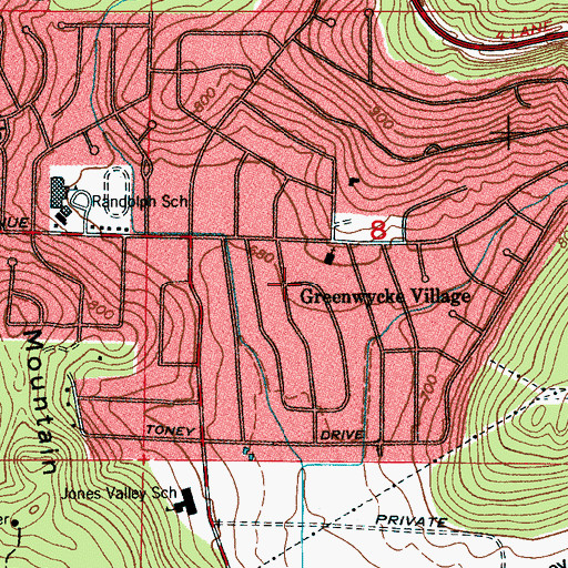 Topographic Map of Greenwycke Village, AL