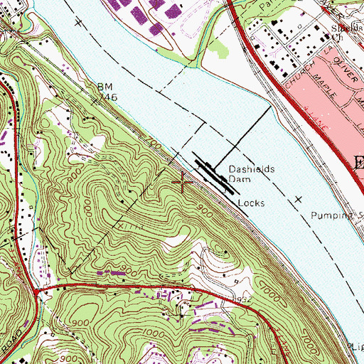 Topographic Map of Dashields Locks and Dam, PA
