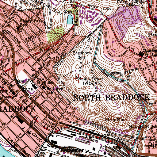 Topographic Map of WHYW-FM (Braddock), PA