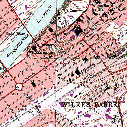Topographic Map of WRKC-FM (Wilkes-Barre), PA