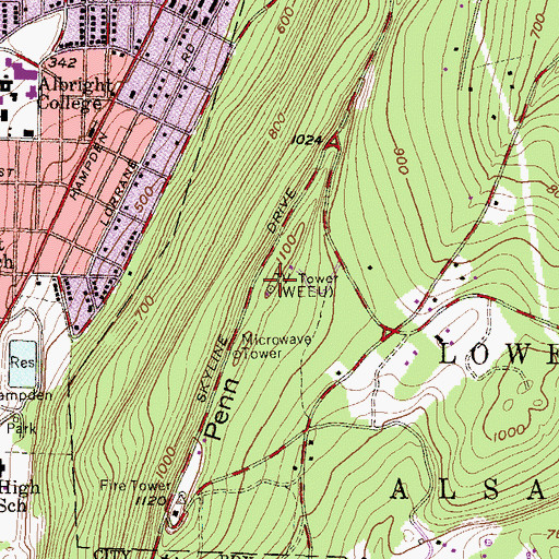 Topographic Map of WTVE-TV (Reading), PA