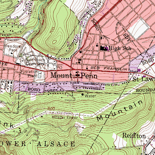 Topographic Map of Mount Penn High School, PA