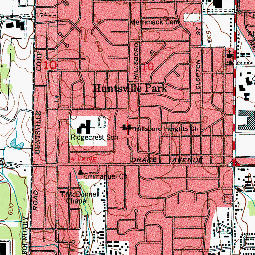 Topographic Map of Hillsboro Heights Baptist Church, AL