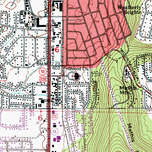 Topographic Map of Hillwood Baptist Church, AL