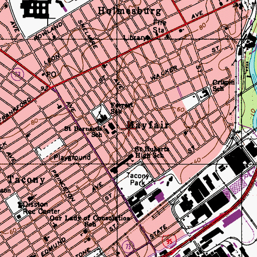 Topographic Map of Mayfair, PA