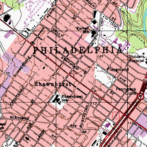 Topographic Map of Rhawnhurst, PA