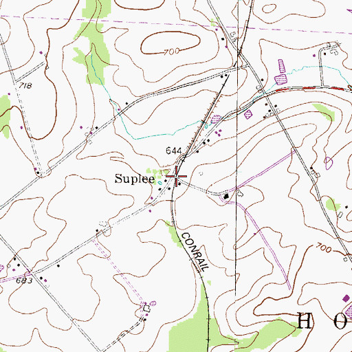 Topographic Map of Suplee, PA