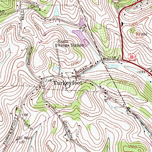 Topographic Map of Turkeyfoot, PA