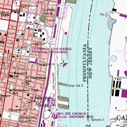 Topographic Map of Penns Landing Pier 36 Heliport, PA