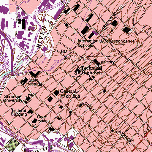 Topographic Map of Pine Street Baptist Church, PA