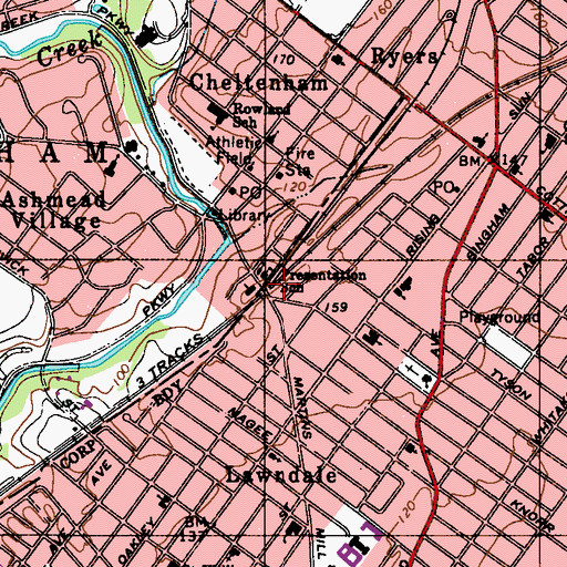 Topographic Map of Cheltenham Station, PA