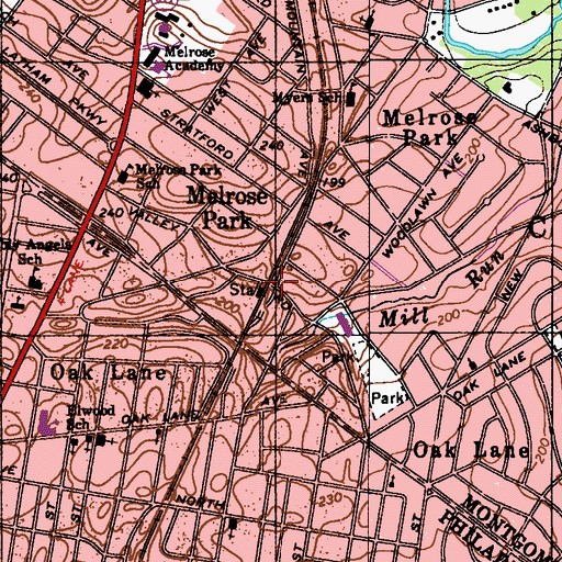 Topographic Map of Melrose Park Station, PA
