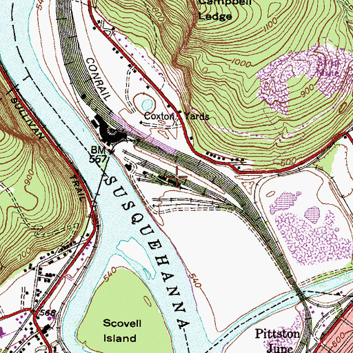 Topographic Map of Pittston Yards, PA