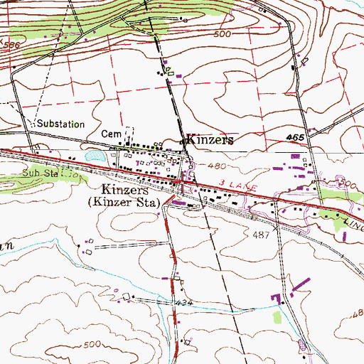 Topographic Map of Kinzers, PA