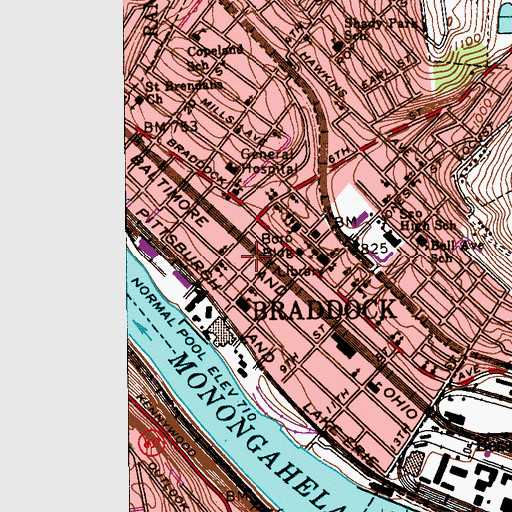 Topographic Map of Borough of Braddock, PA
